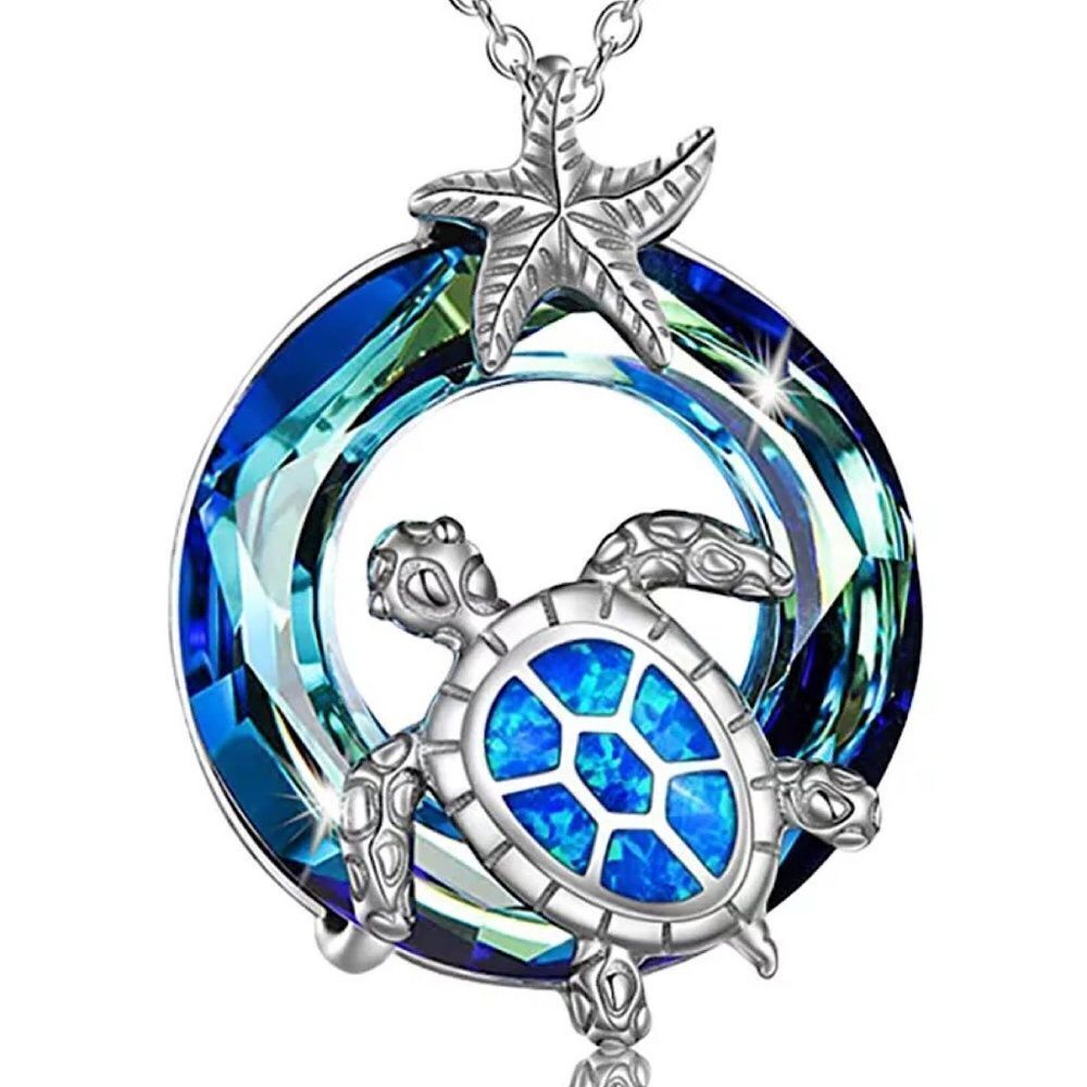 💎085💎 925‎ Sterling Silver Opal Turtle Necklace